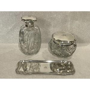 Garniture de toilette cristal et argent flacon boîte et plateau