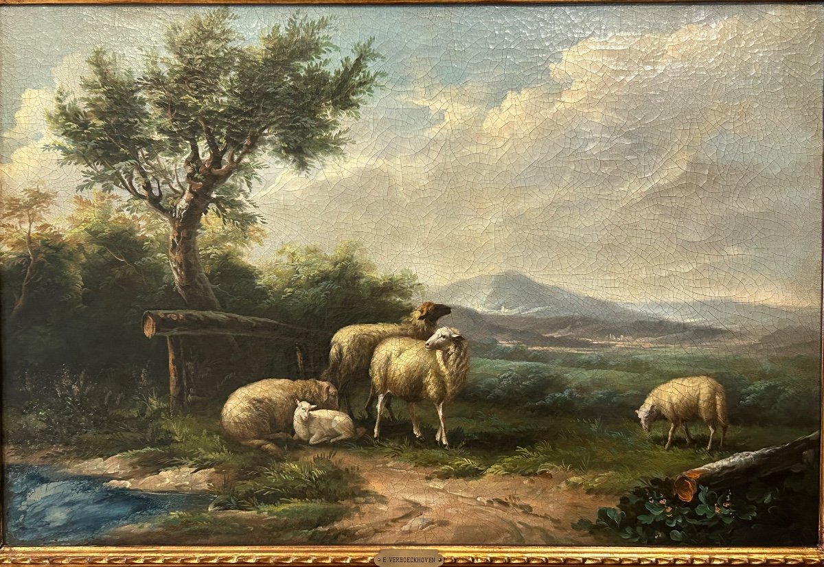 Eugène Verboeckhoven, Belgian Painter, Landscape With Sheeps-photo-2
