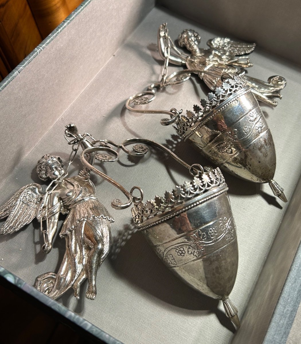 Pair Of Italian Holy Water Stoups In Solid Silver-photo-2
