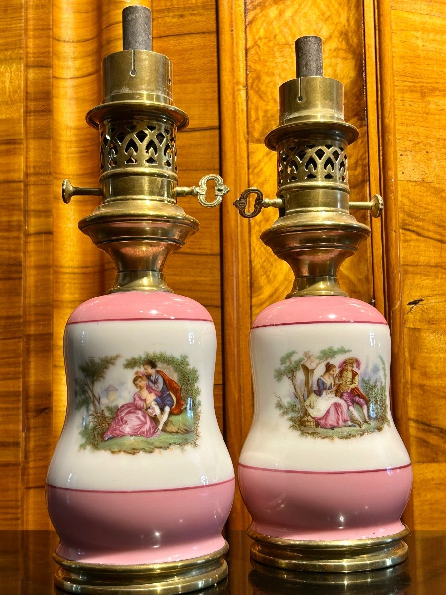 Paire de lampes à huile en porcelaine style Napoléon III -photo-2