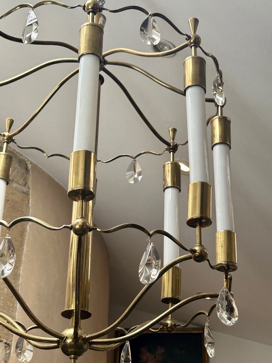 Lustre art déco en laiton poli, bronze et verre-photo-3