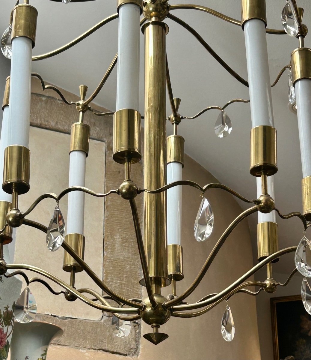 Lustre art déco en laiton poli, bronze et verre-photo-1