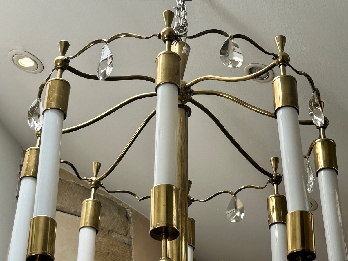 Lustre art déco en laiton poli, bronze et verre-photo-2