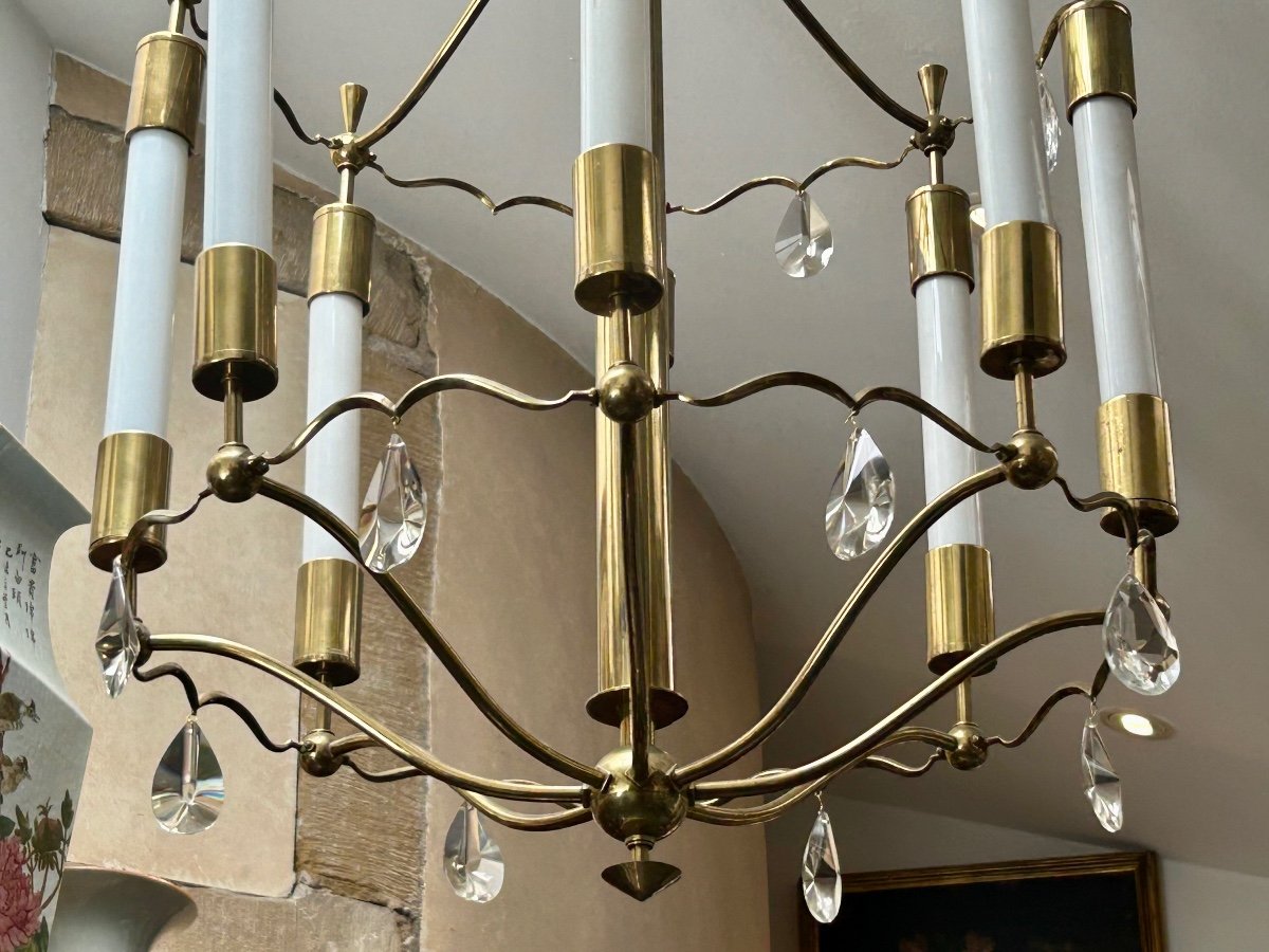 Lustre art déco en laiton poli, bronze et verre-photo-3