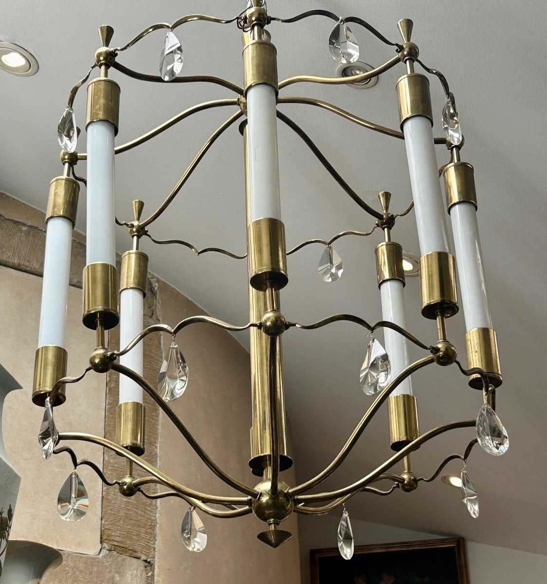 Lustre art déco en laiton poli, bronze et verre-photo-4