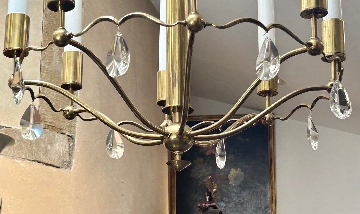 Lustre art déco en laiton poli, bronze et verre-photo-5