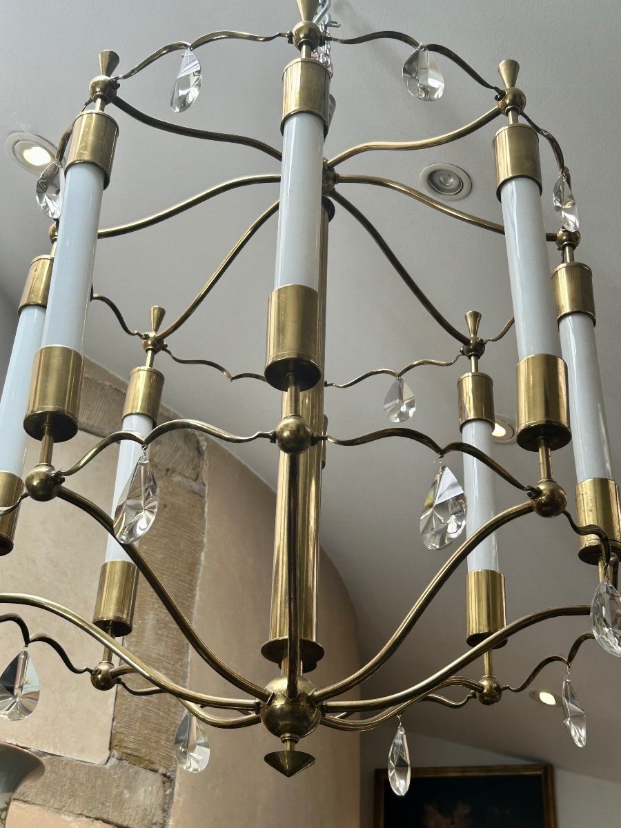 Lustre art déco en laiton poli, bronze et verre-photo-6
