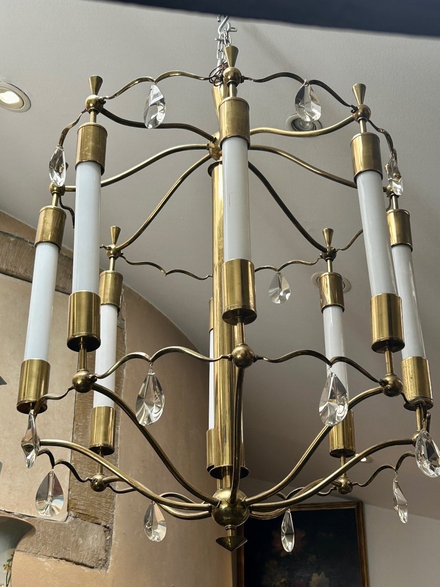 Lustre art déco en laiton poli, bronze et verre