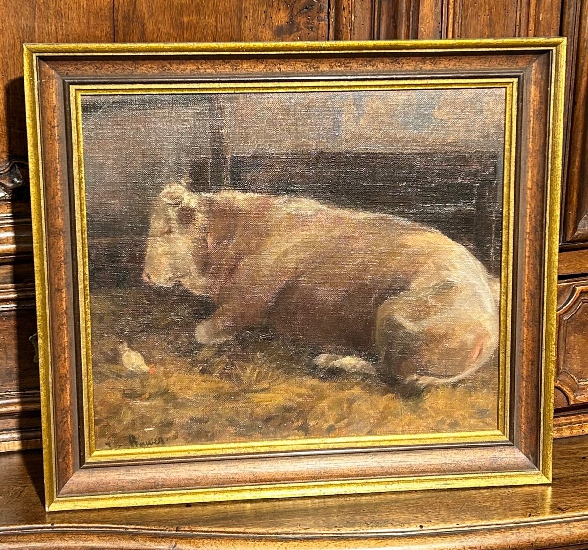 Huile sur panneau, vache dans son étable -photo-2