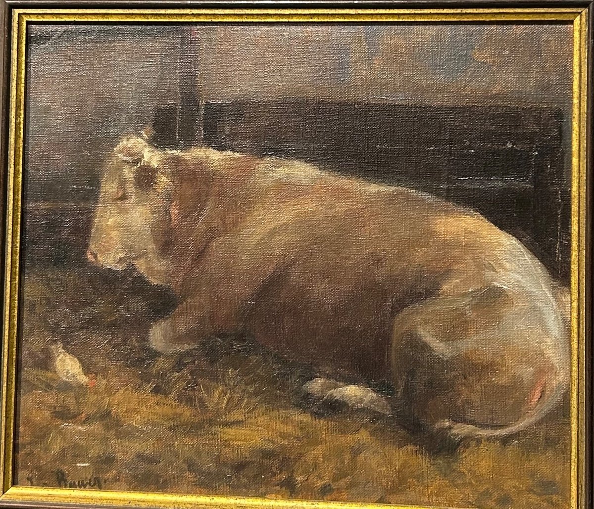 Huile sur panneau, vache dans son étable -photo-1