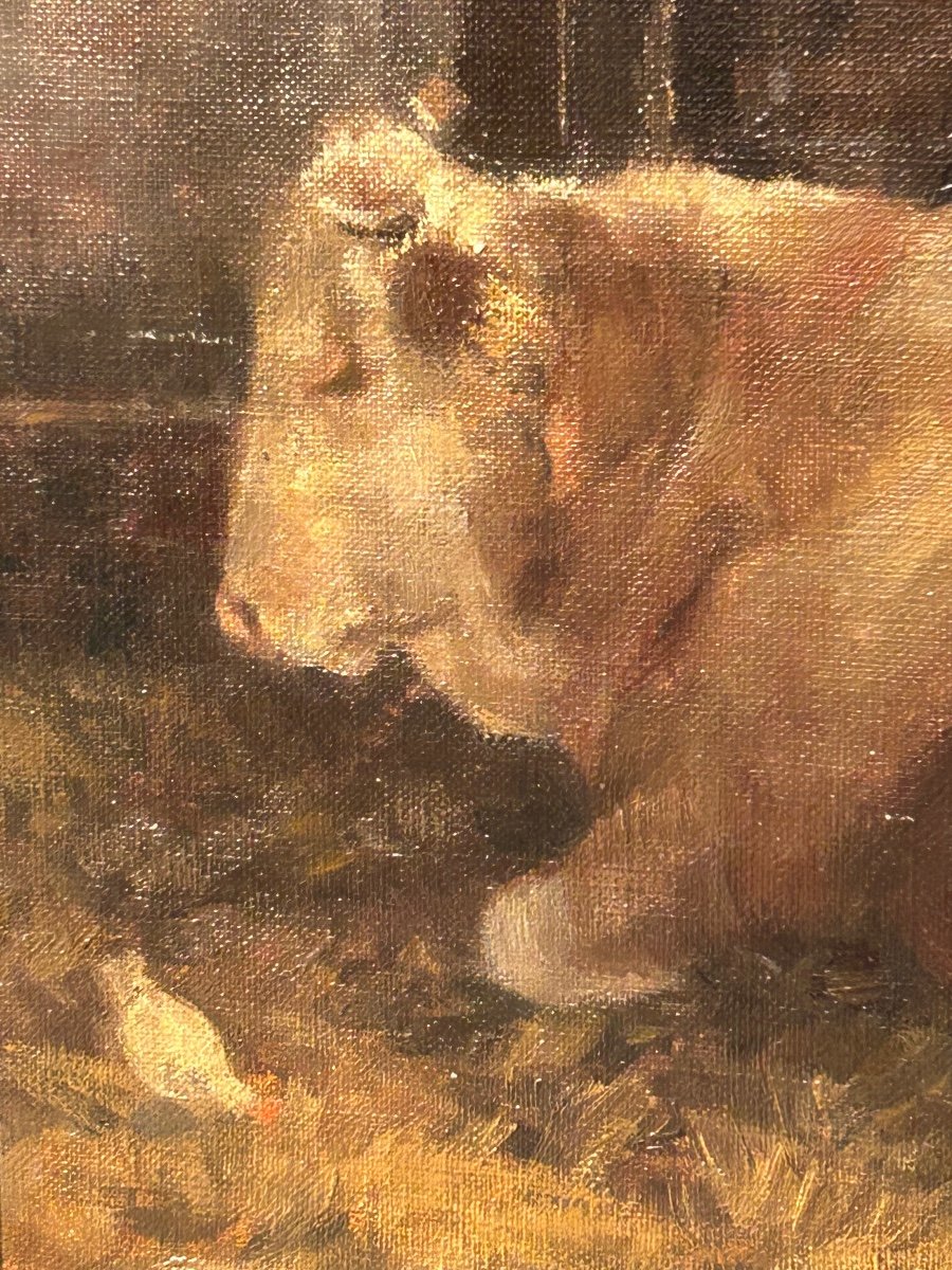 Huile sur panneau, vache dans son étable -photo-5