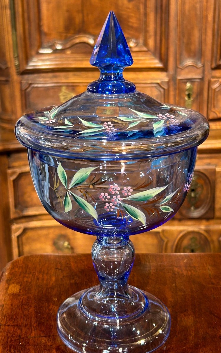 Blue Enameled Crystal Compote Bowl-photo-2