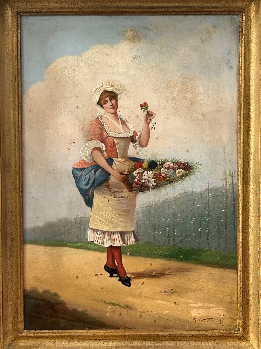 La marchande de fleurs, huile sur panneau