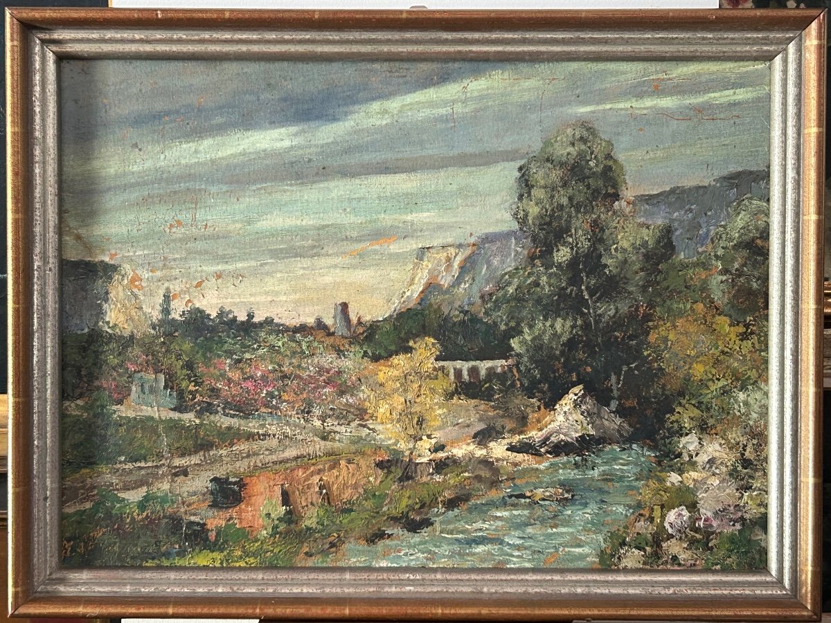 Huile sur panneau non signée paysage de campagne-photo-3