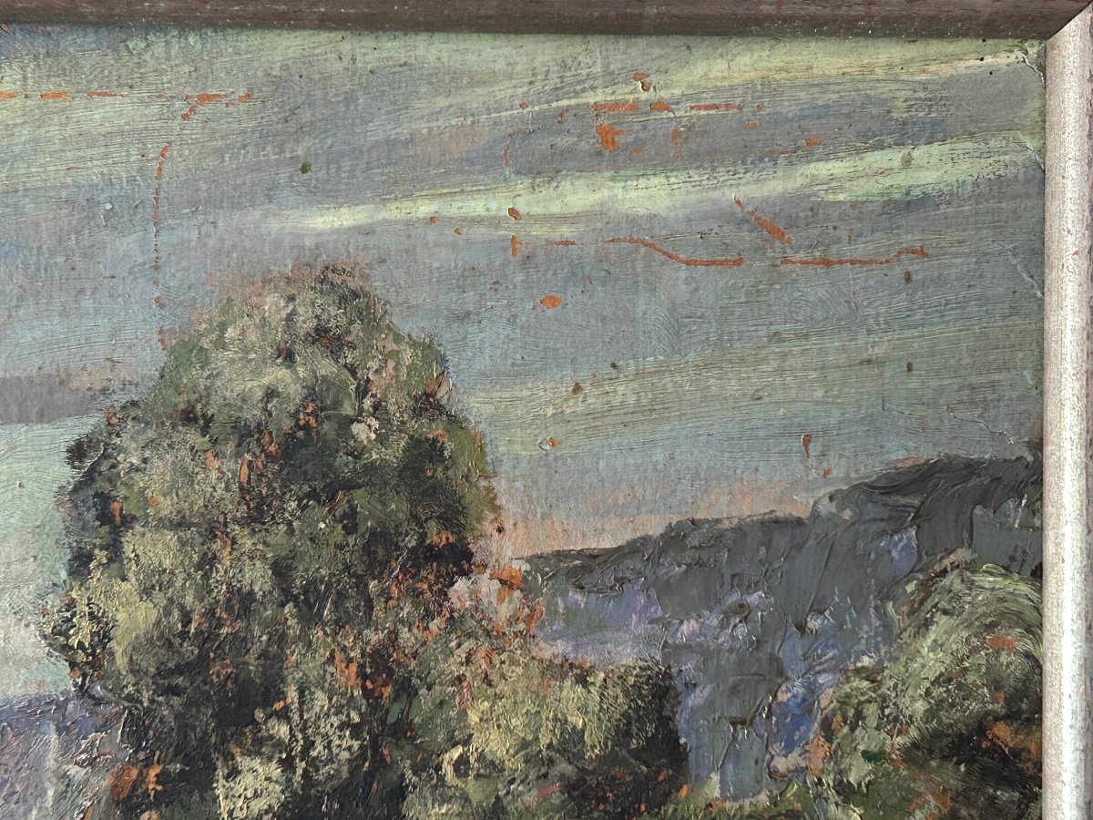 Huile sur panneau non signée paysage de campagne-photo-4