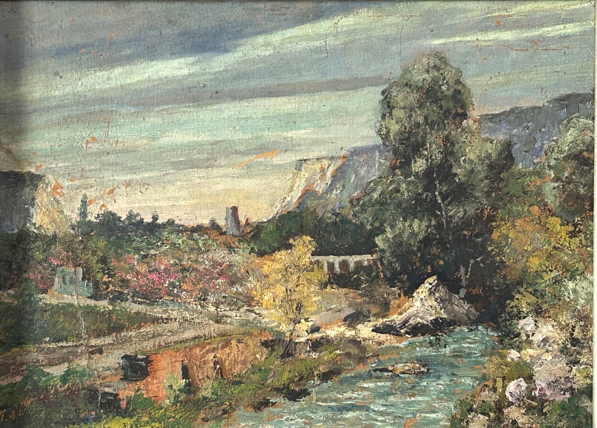 Huile sur panneau non signée paysage de campagne