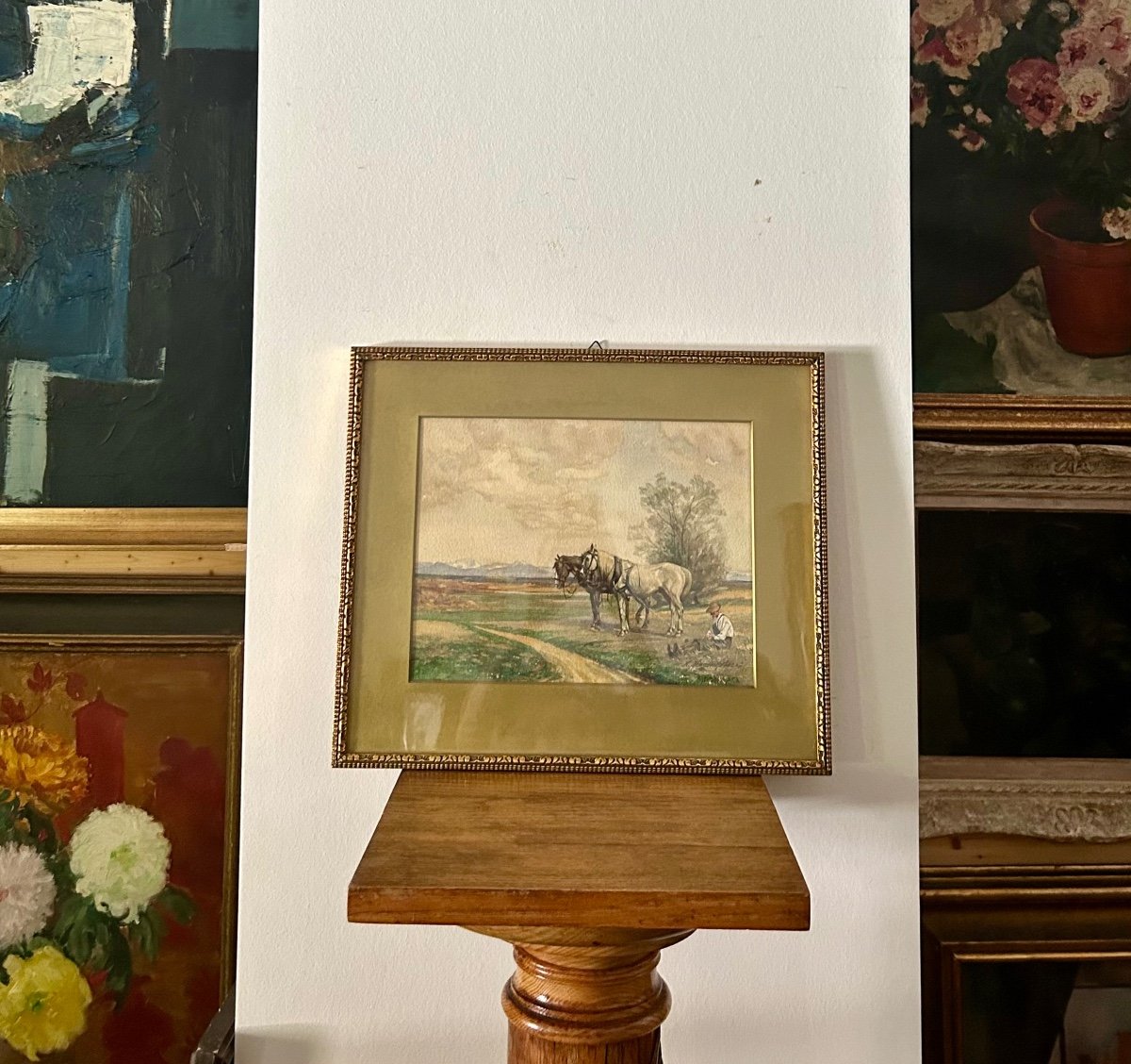 Aquarelle sur papier, fermier avec ses chevaux-photo-2