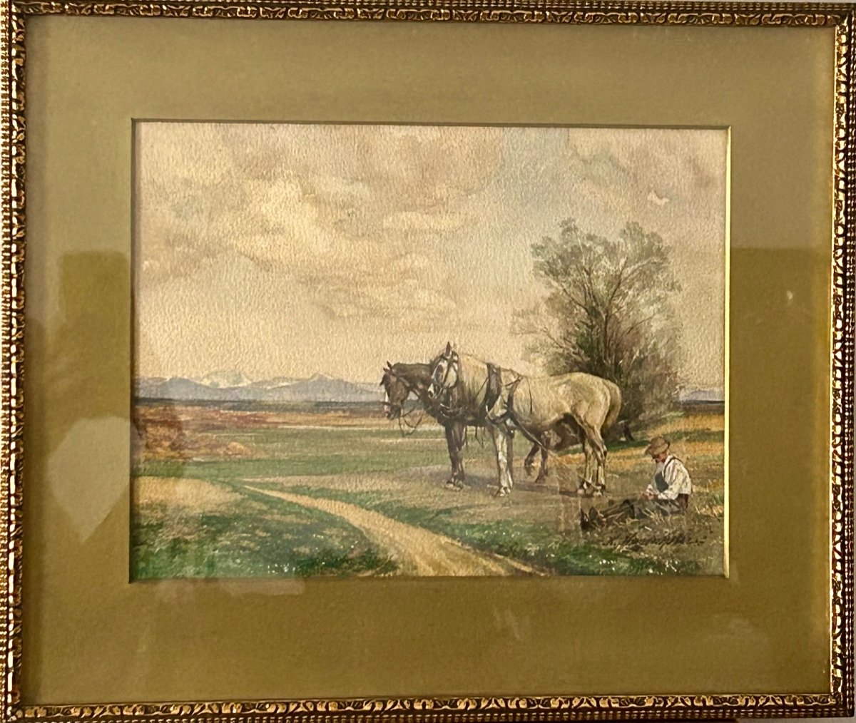 Aquarelle sur papier, fermier avec ses chevaux-photo-3