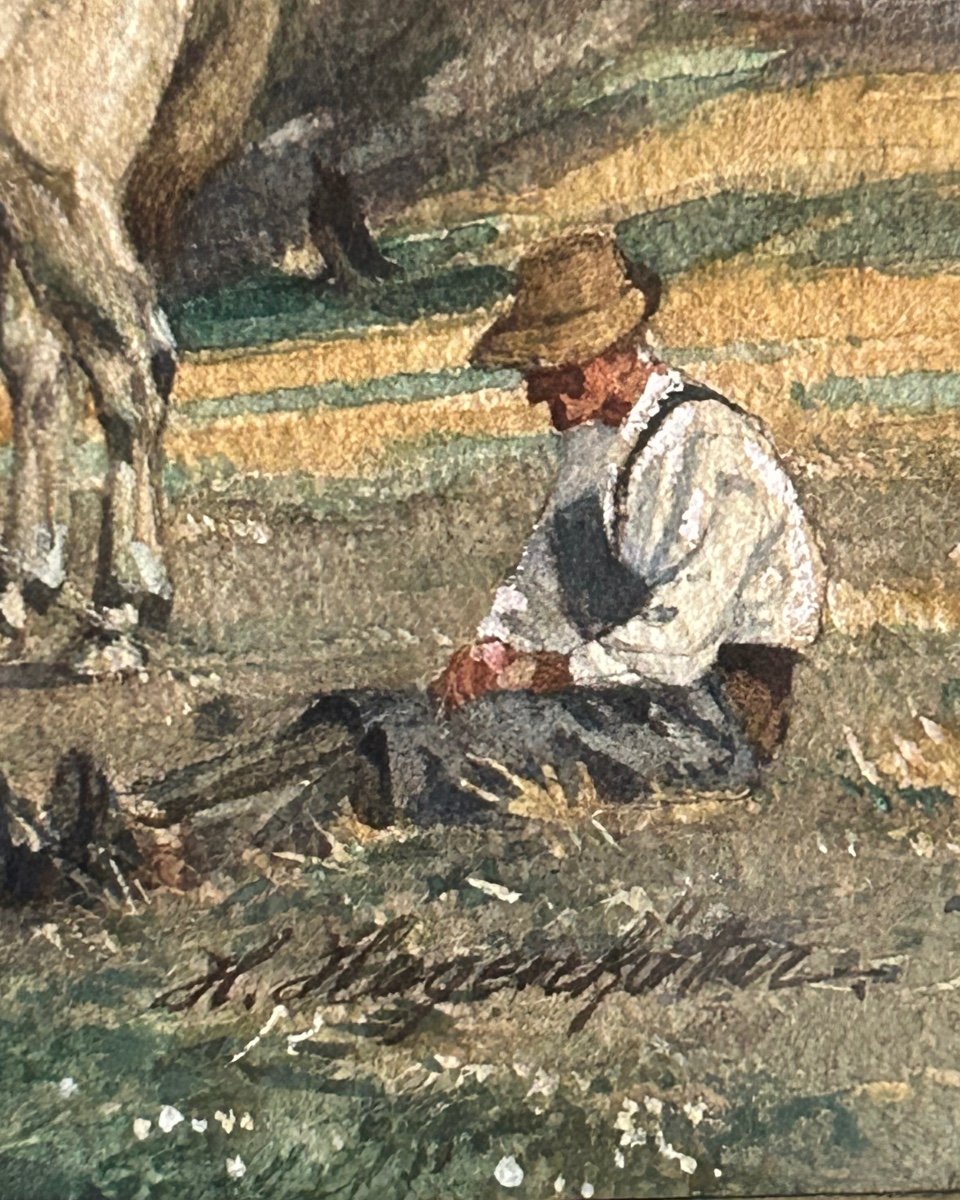 Aquarelle sur papier, fermier avec ses chevaux-photo-4
