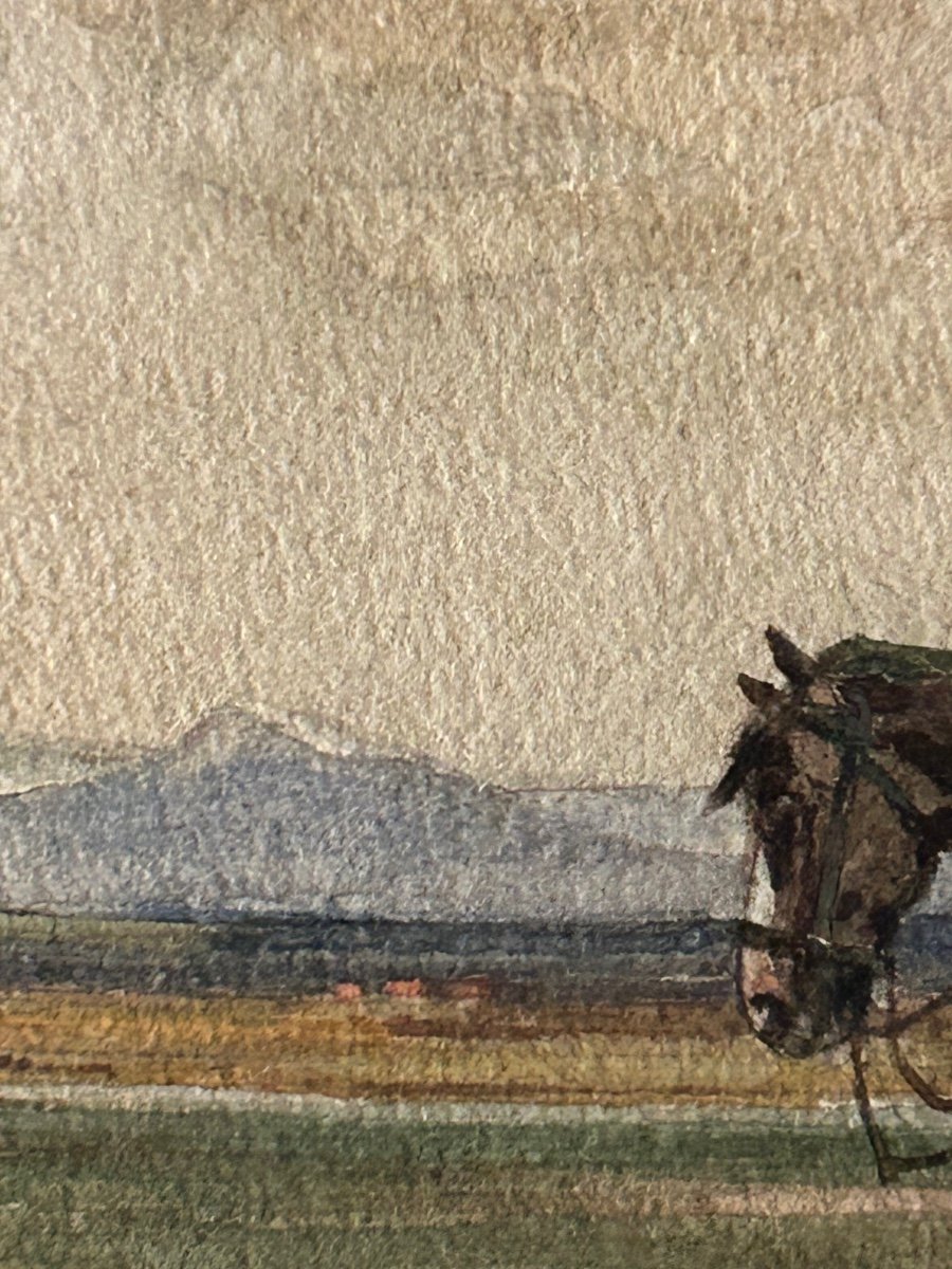 Aquarelle sur papier, fermier avec ses chevaux-photo-2
