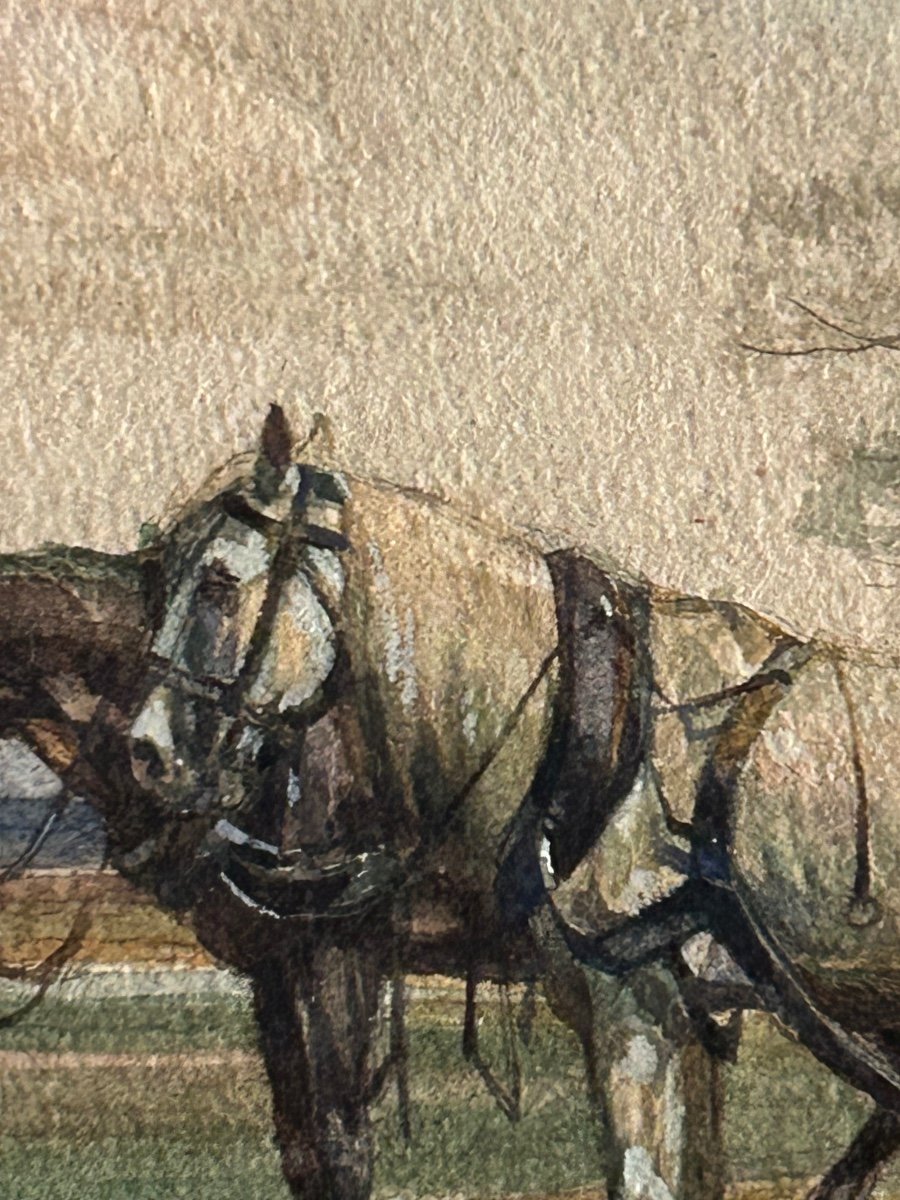 Aquarelle sur papier, fermier avec ses chevaux-photo-3