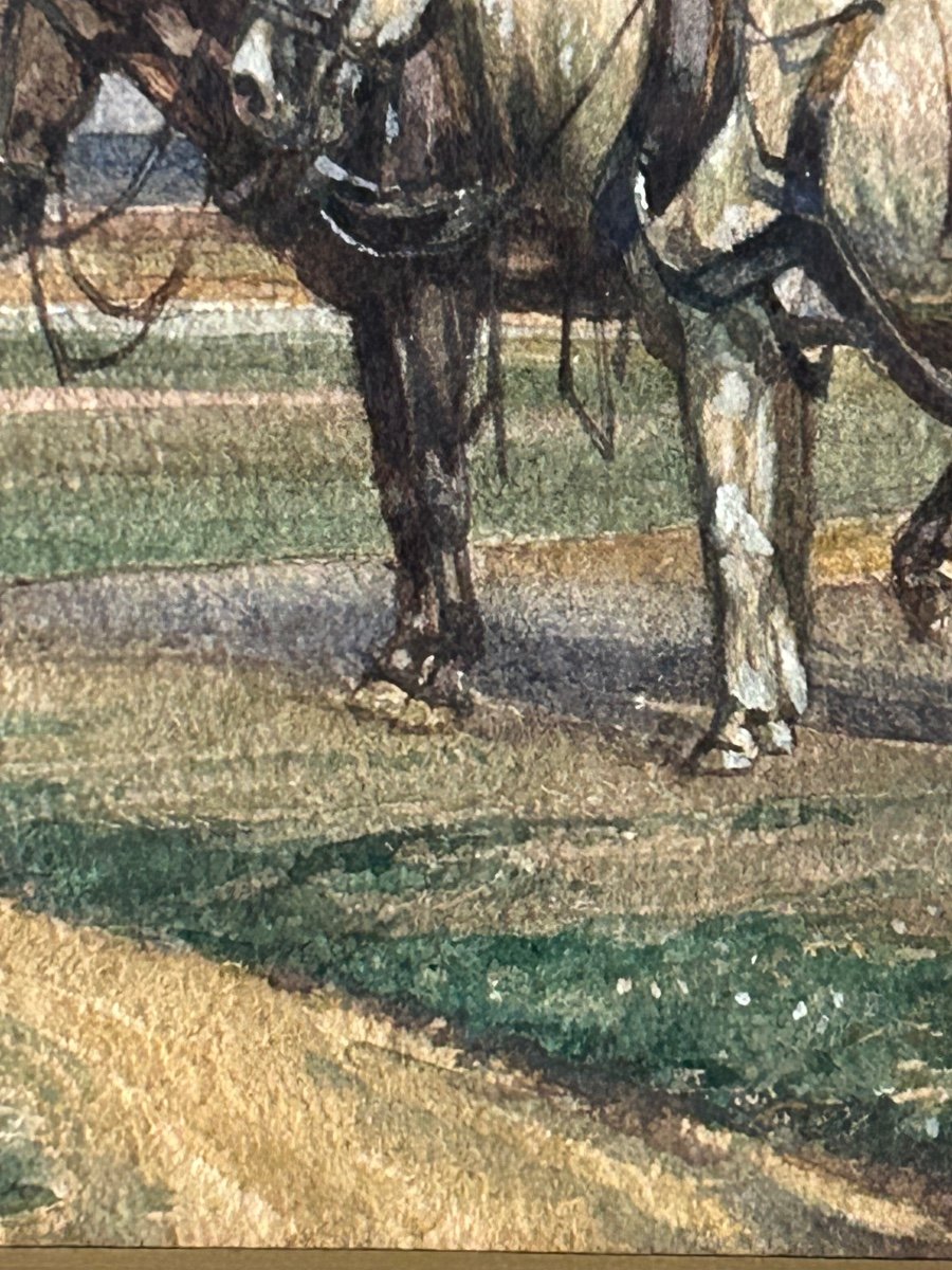 Aquarelle sur papier, fermier avec ses chevaux-photo-5