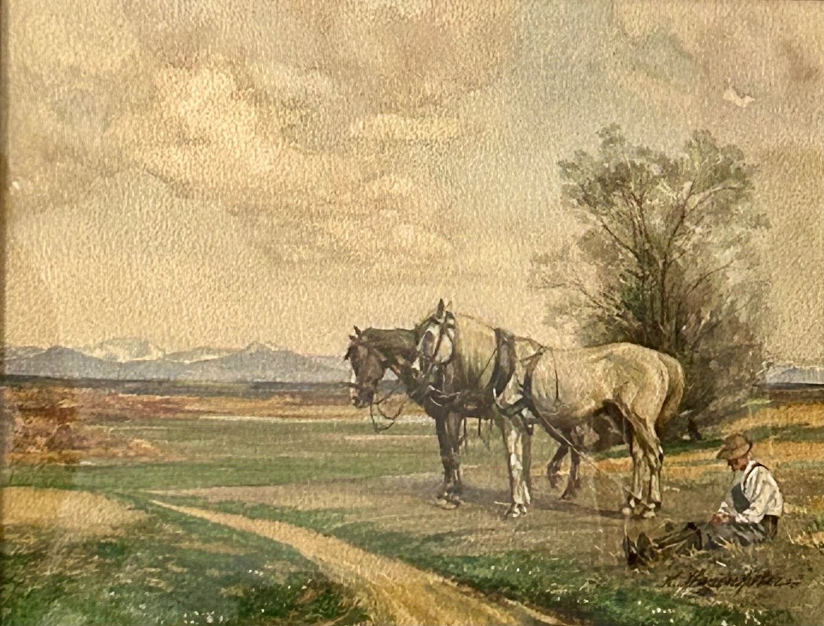 Aquarelle sur papier, fermier avec ses chevaux