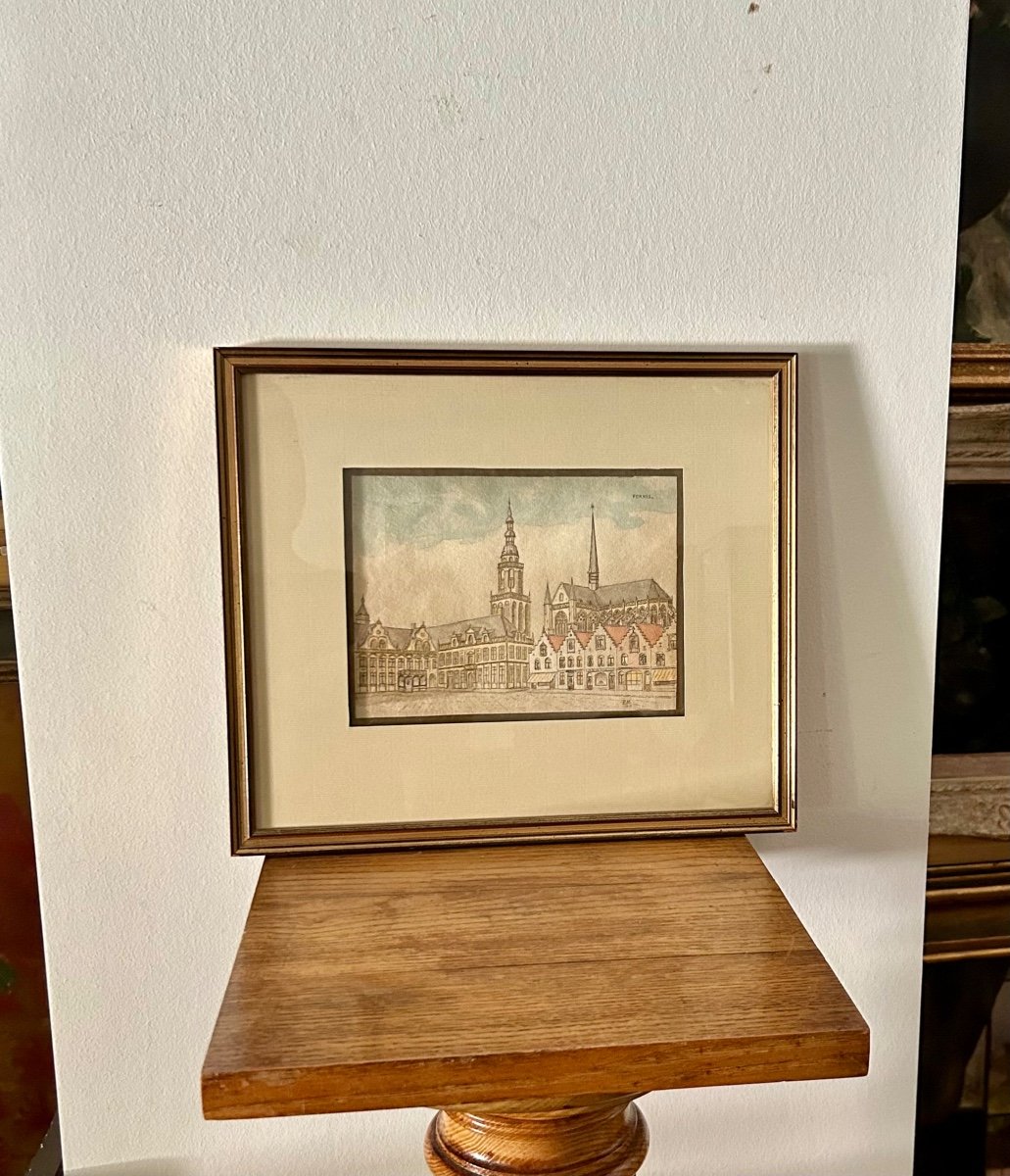P.M, dessin à l’encre grand-place de Furnes-photo-2