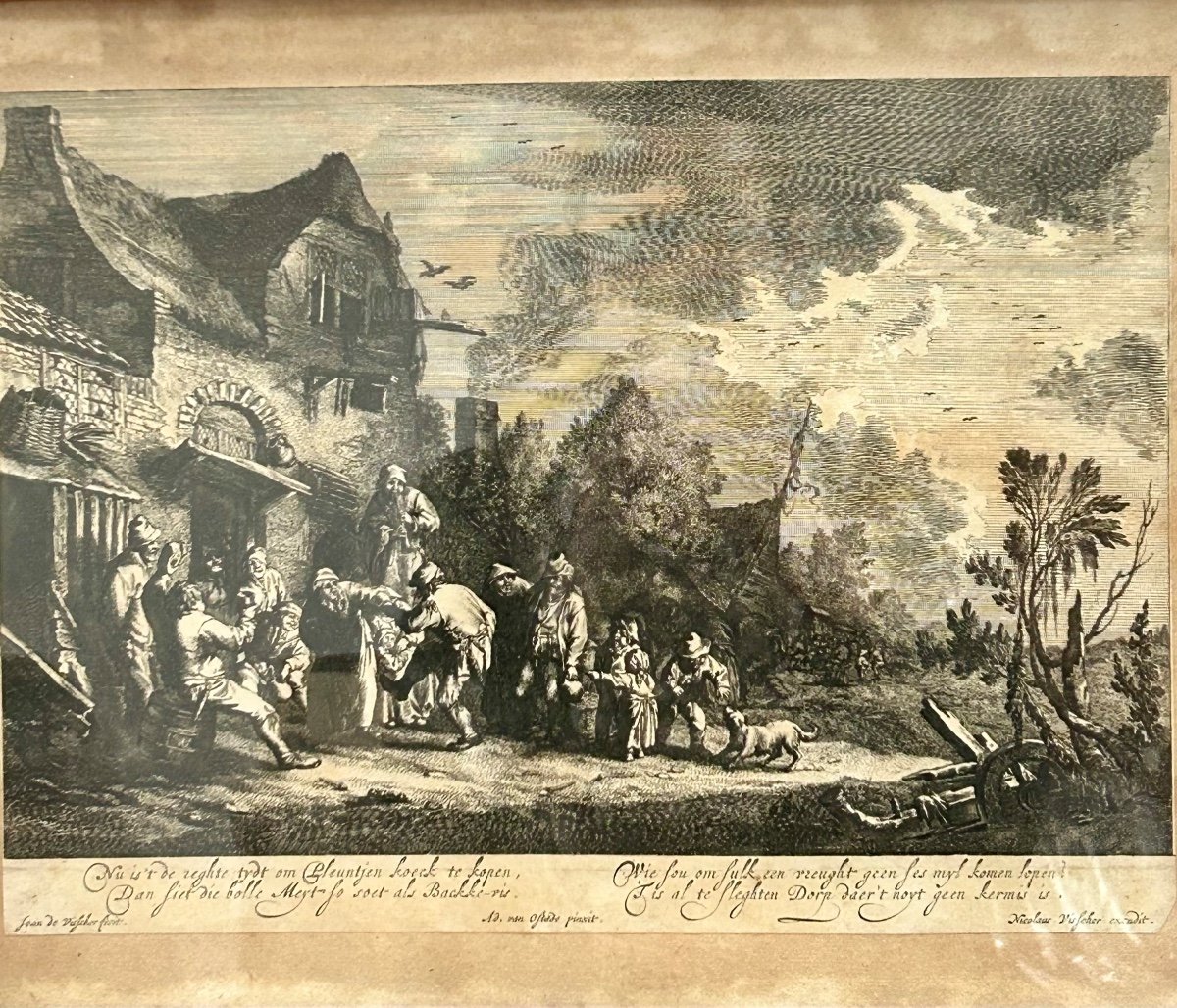 Old Engraving By Joan De Visscher, 18th Century Village Festival -photo-2