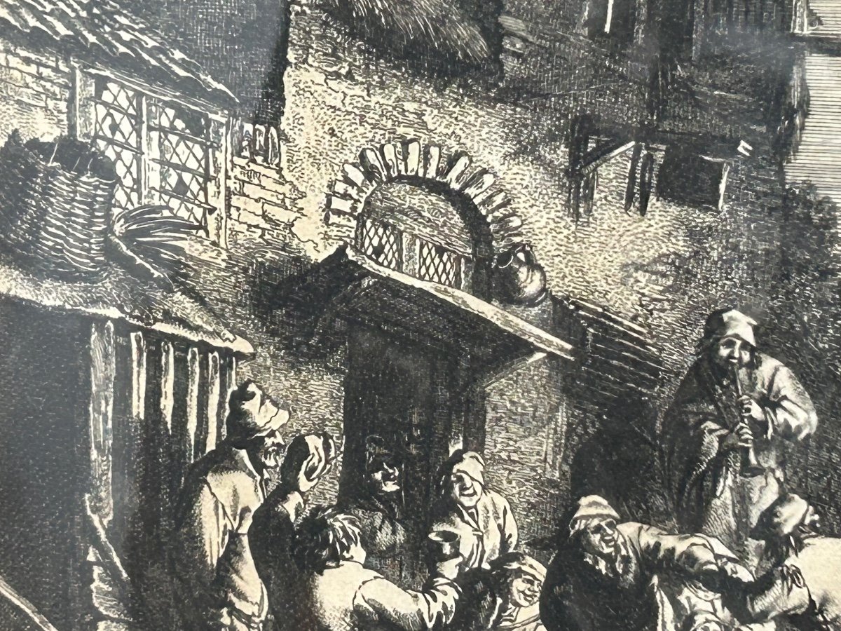 Old Engraving By Joan De Visscher, 18th Century Village Festival -photo-1