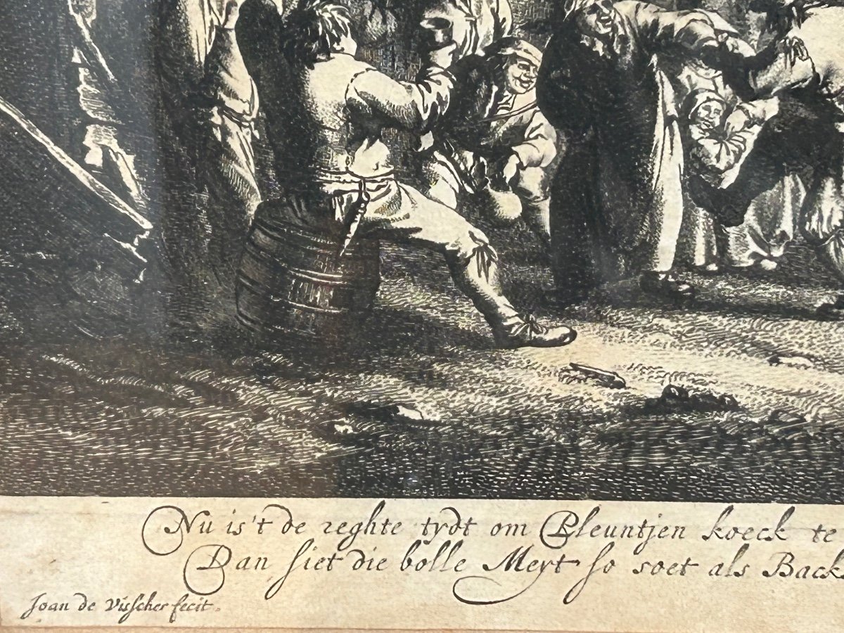 Old Engraving By Joan De Visscher, 18th Century Village Festival -photo-3