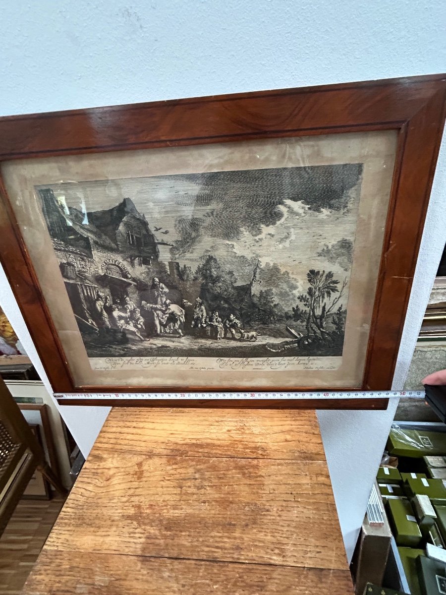 Old Engraving By Joan De Visscher, 18th Century Village Festival -photo-7