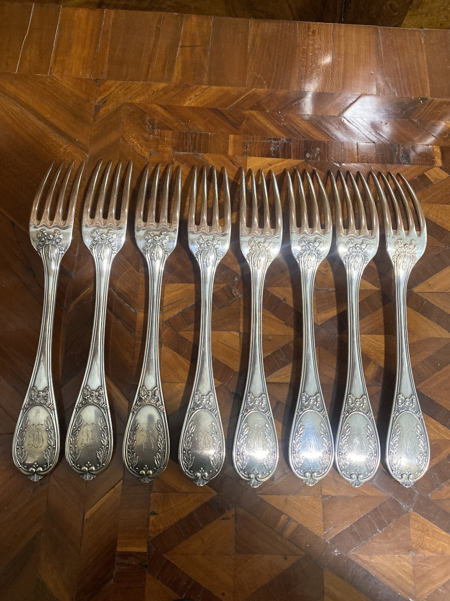 Alfenide ruban  Louis XVI , 8 fourchettes en métal argenté -photo-3