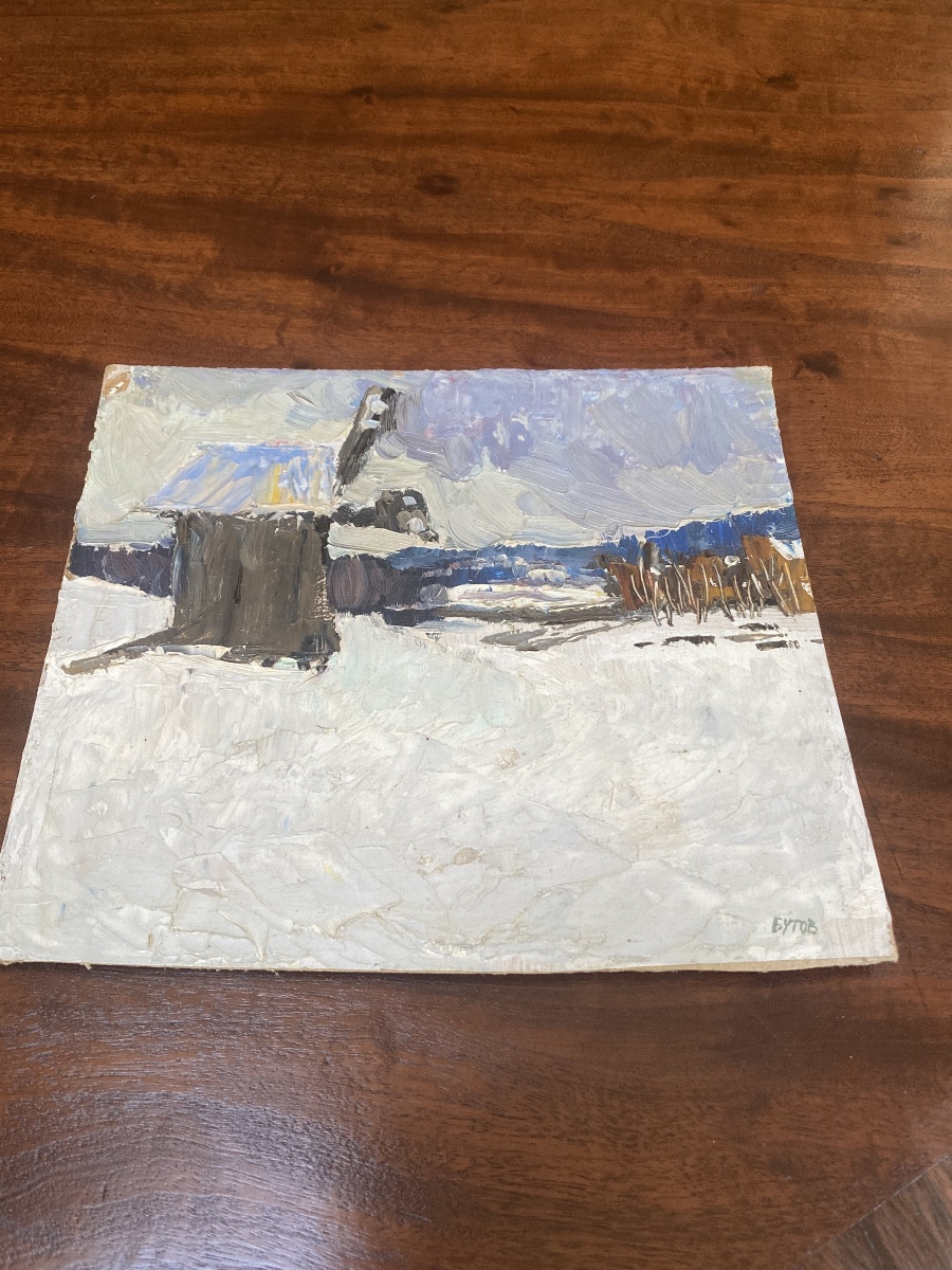 Tableau paysage hivernal, huile sur carton, sign illisible -photo-2