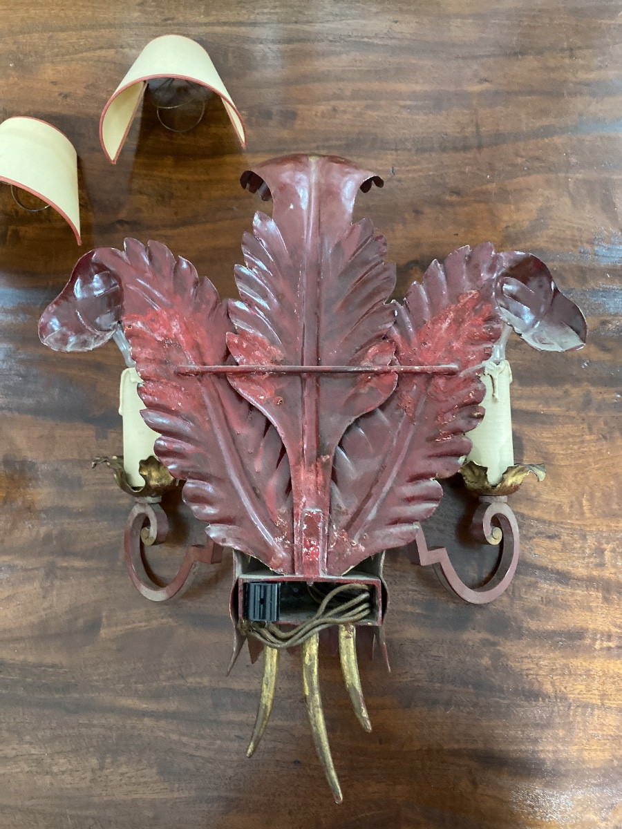 Pair Of Art Deco Wall Lights In Patinated Metal -photo-1