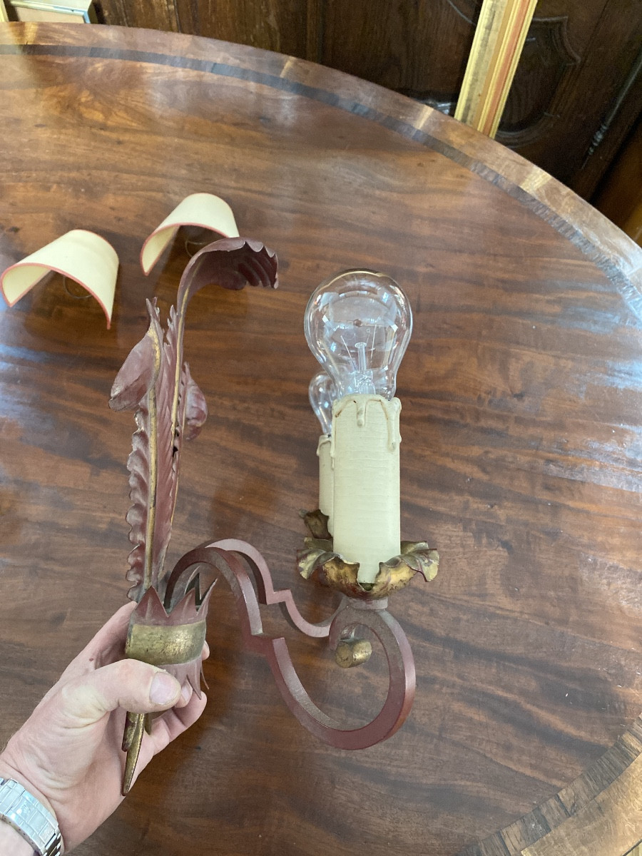 Pair Of Art Deco Wall Lights In Patinated Metal -photo-2