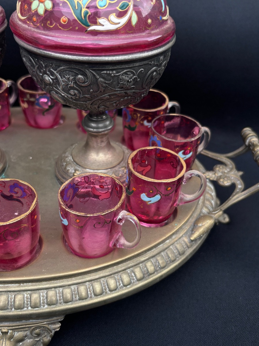 Art Nouveau Enameled Pink Glass Liqueur Cellar -photo-5