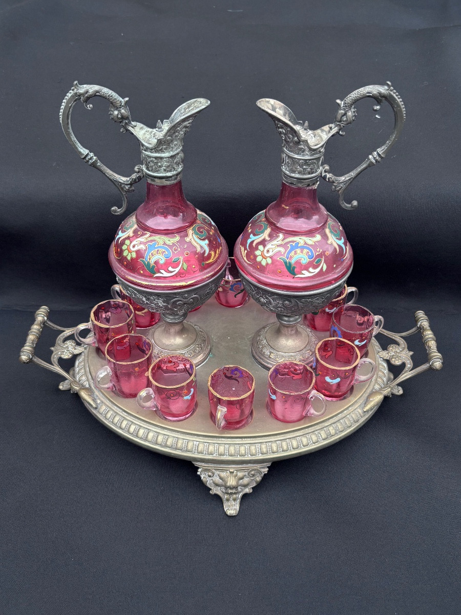 Art Nouveau Enameled Pink Glass Liqueur Cellar 