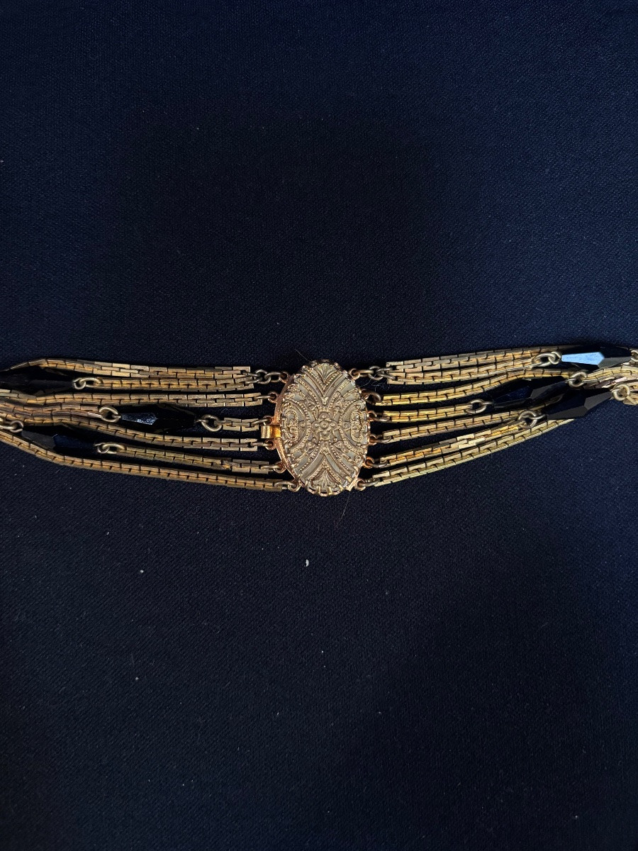 Vintage Gold Metal And Black Glass Pearl Necklace-photo-3