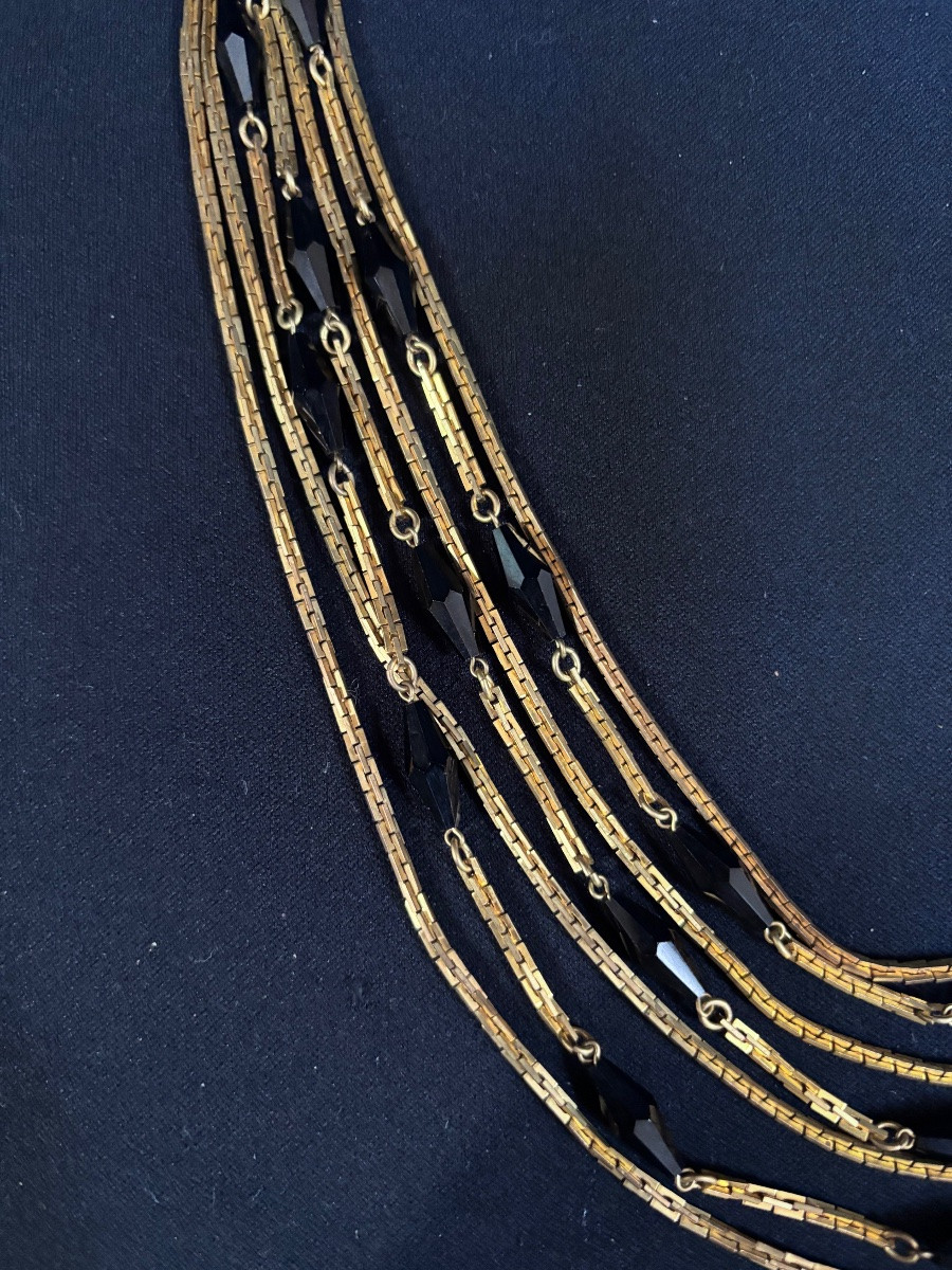 Vintage Gold Metal And Black Glass Pearl Necklace-photo-4