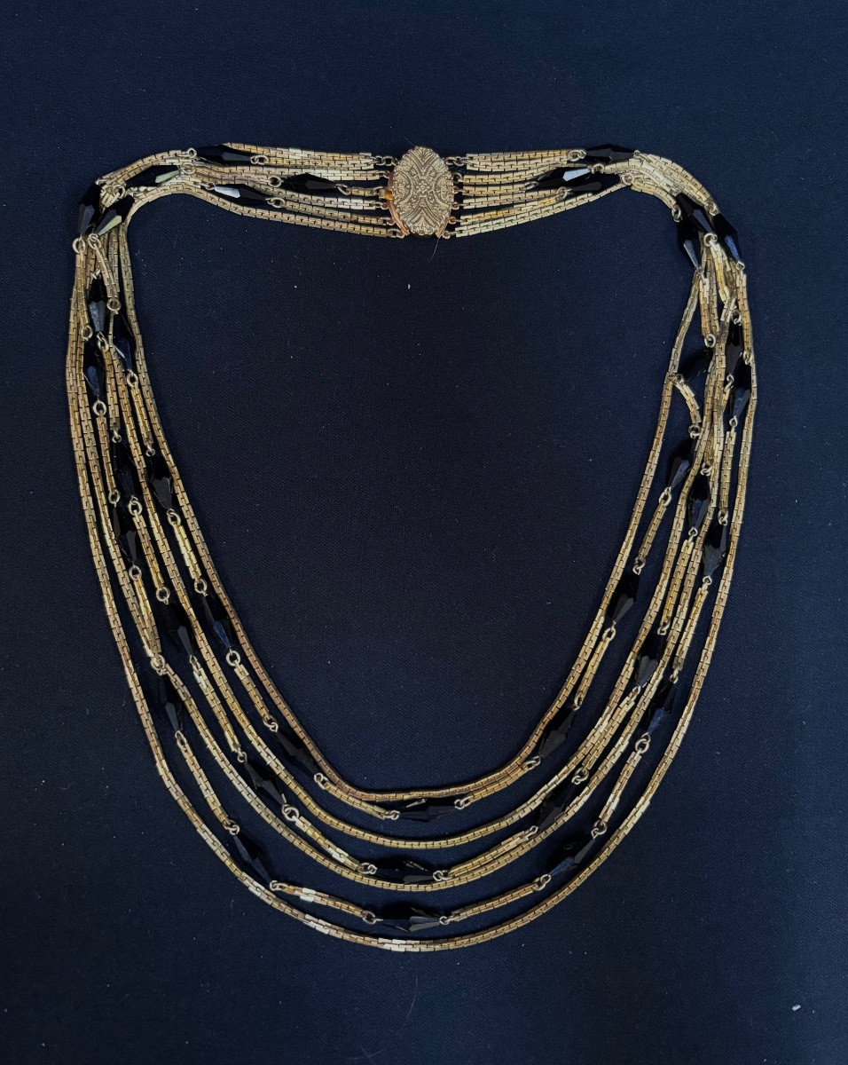 Vintage Gold Metal And Black Glass Pearl Necklace