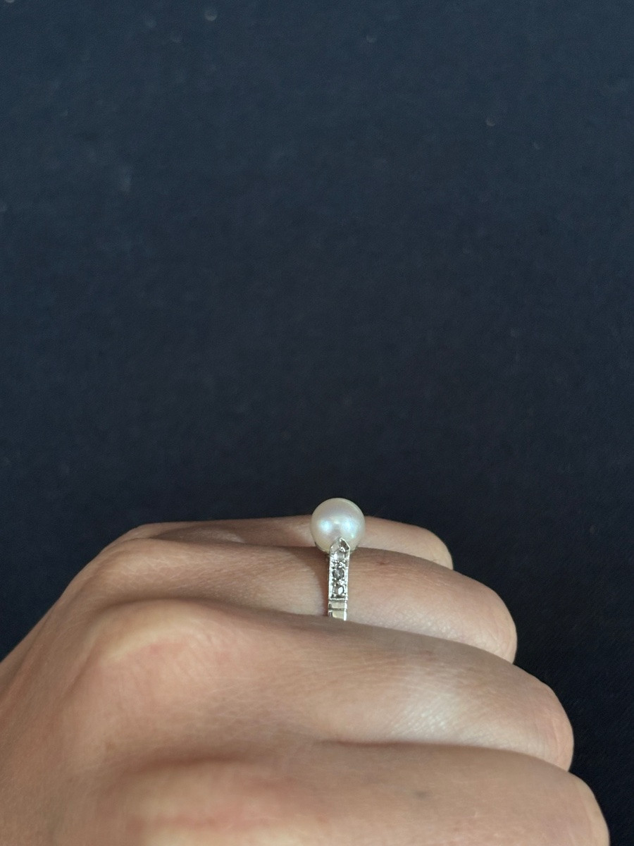 Bague or blanc 18ct sertie d’un perle naturelle et 6 brillant-photo-4