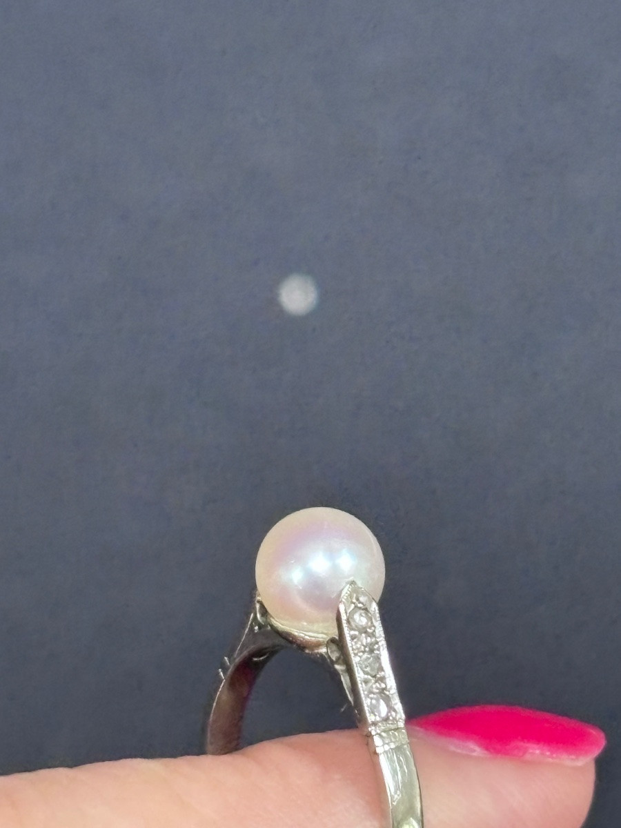 Bague or blanc 18ct sertie d’un perle naturelle et 6 brillant-photo-1