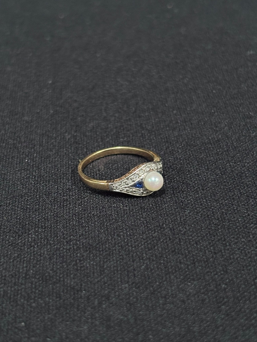 Early 20th Century Ring In 18ct Gold Set With A Pearl And Two Sapphires-photo-4