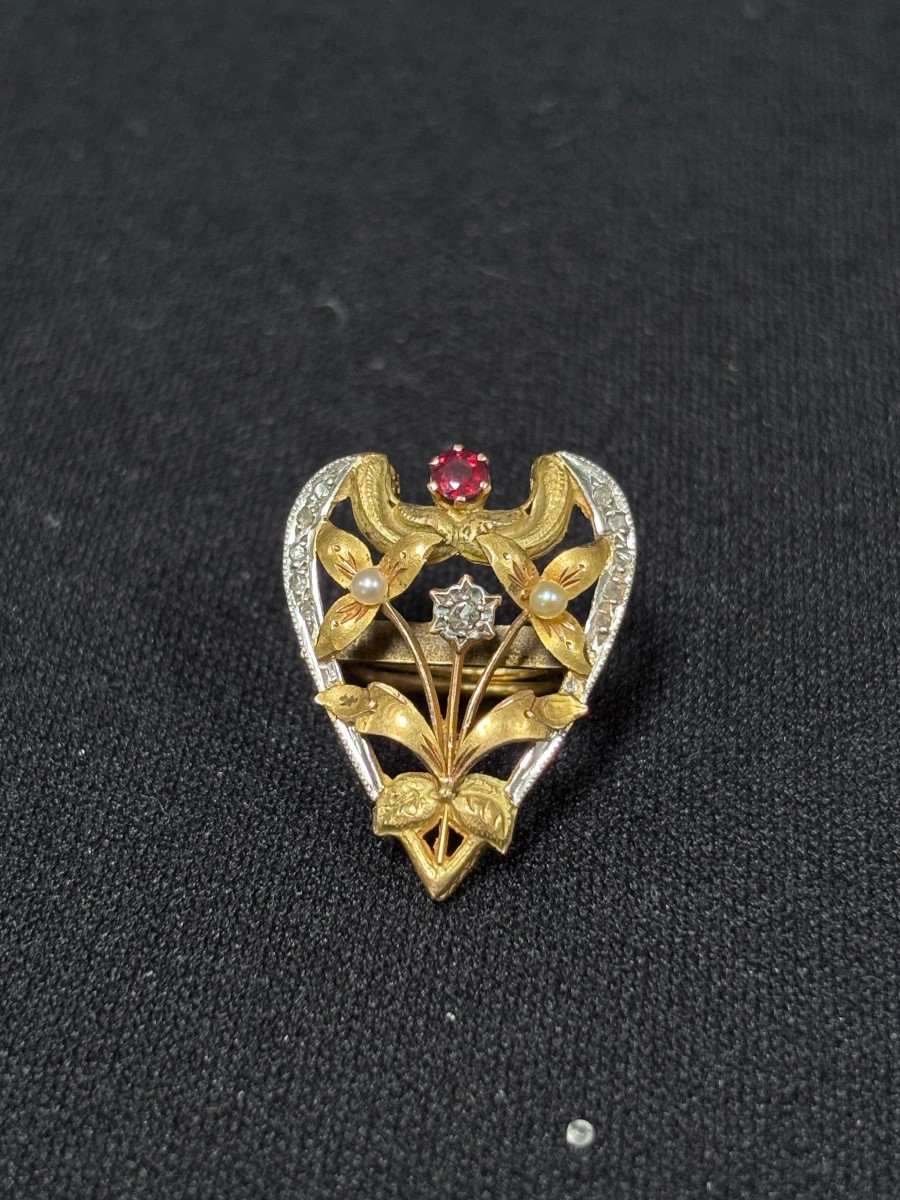 Broche Art Nouveau en Or 18ct sertie de perles, diamants et rubis-photo-2