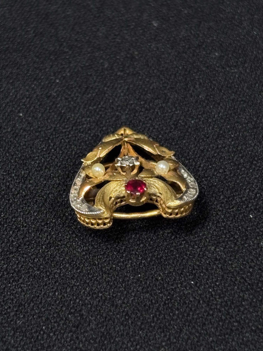 Broche Art Nouveau en Or 18ct sertie de perles, diamants et rubis-photo-1
