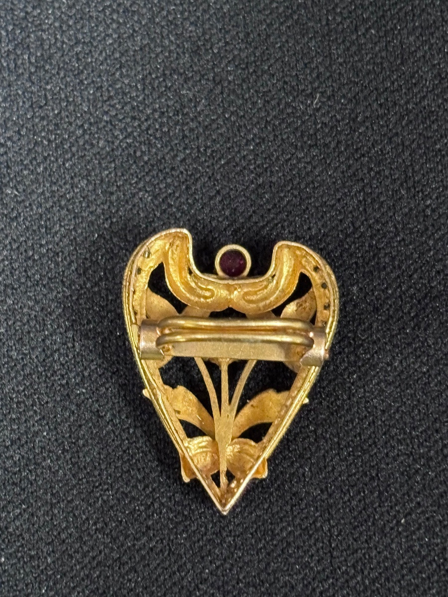 Broche Art Nouveau en Or 18ct sertie de perles, diamants et rubis-photo-3