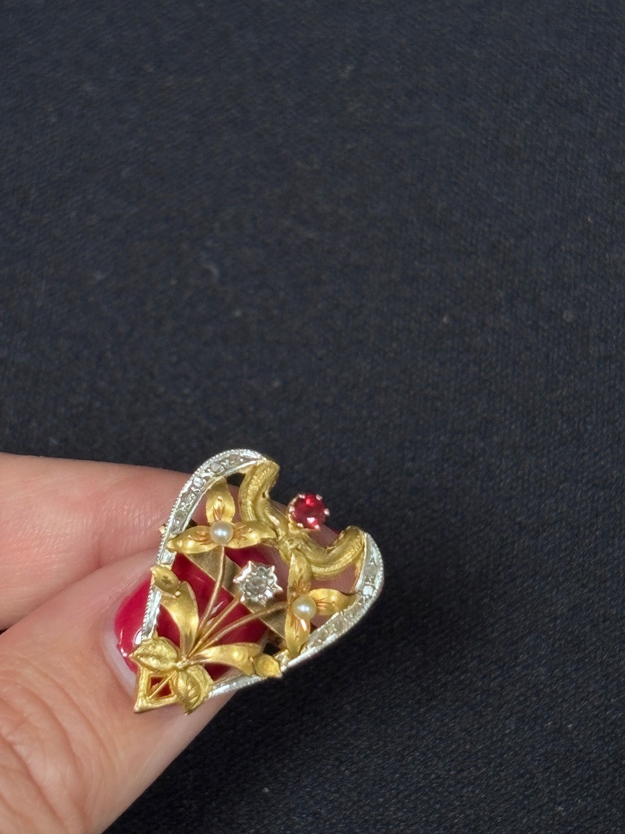 Broche Art Nouveau en Or 18ct sertie de perles, diamants et rubis-photo-5