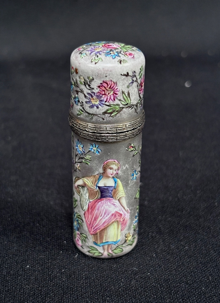 Silver And Enameled Porcelain Perfume Bottle 