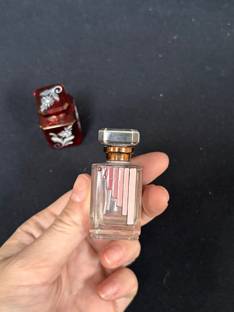 Pair Of French Art Deco Enameled Glass Perfume Bottles -photo-3
